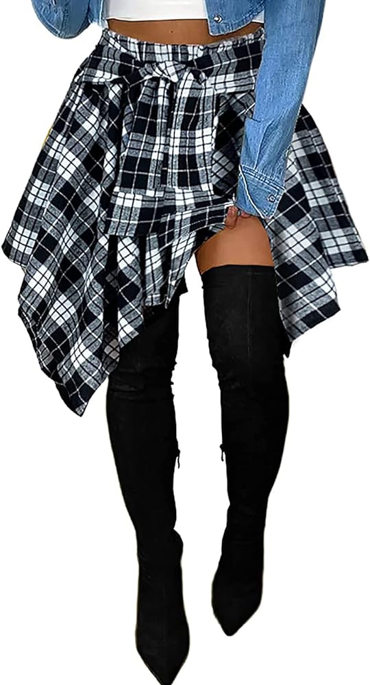 Women's Plaid Skorts Skirts - High Waisted Tie Front Pleated Summer Asymmetrical Skirt with Shorts