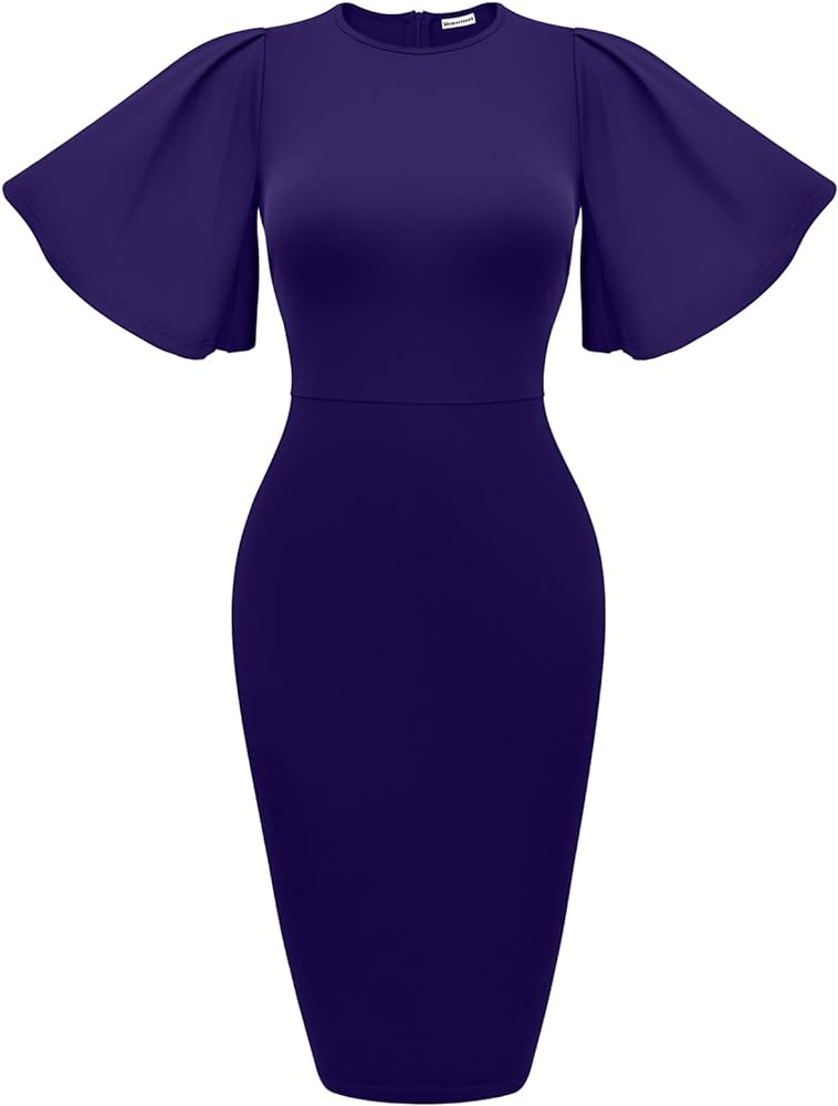 Memoriesea Women's Basic Bodycon Ruffle Flared Short Sleeve Pencil Midi Dress