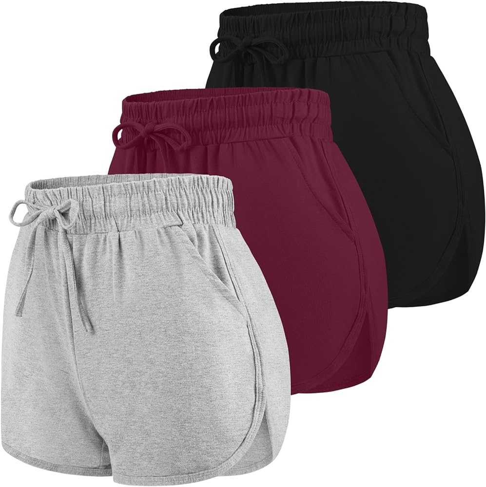 URATOT 3 Packs Women Sport Shorts Cotton Yoga Running Workout Shorts Summer Athletic Pant with Drawstring and Pockets