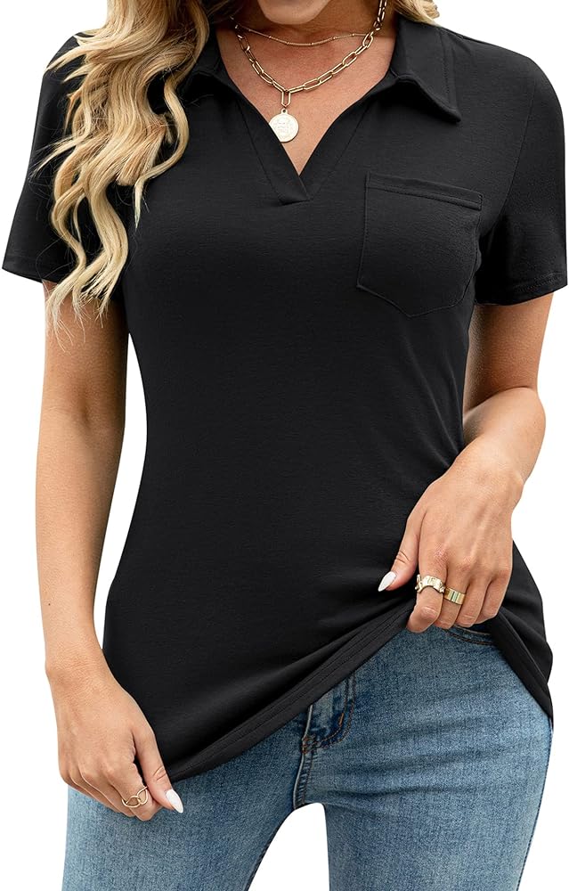 AKEWEI Womens V Neck Polo Shirts Short Sleeve Collared Tops Loose Casual Tunic Blouses with Pocket