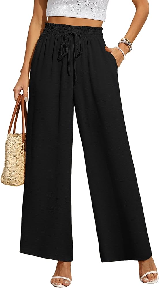 CZYINXIAN Women's Casual Wide Leg Pants Flowy Adjustable Tie Knot Elastic Waist pants with Pockets