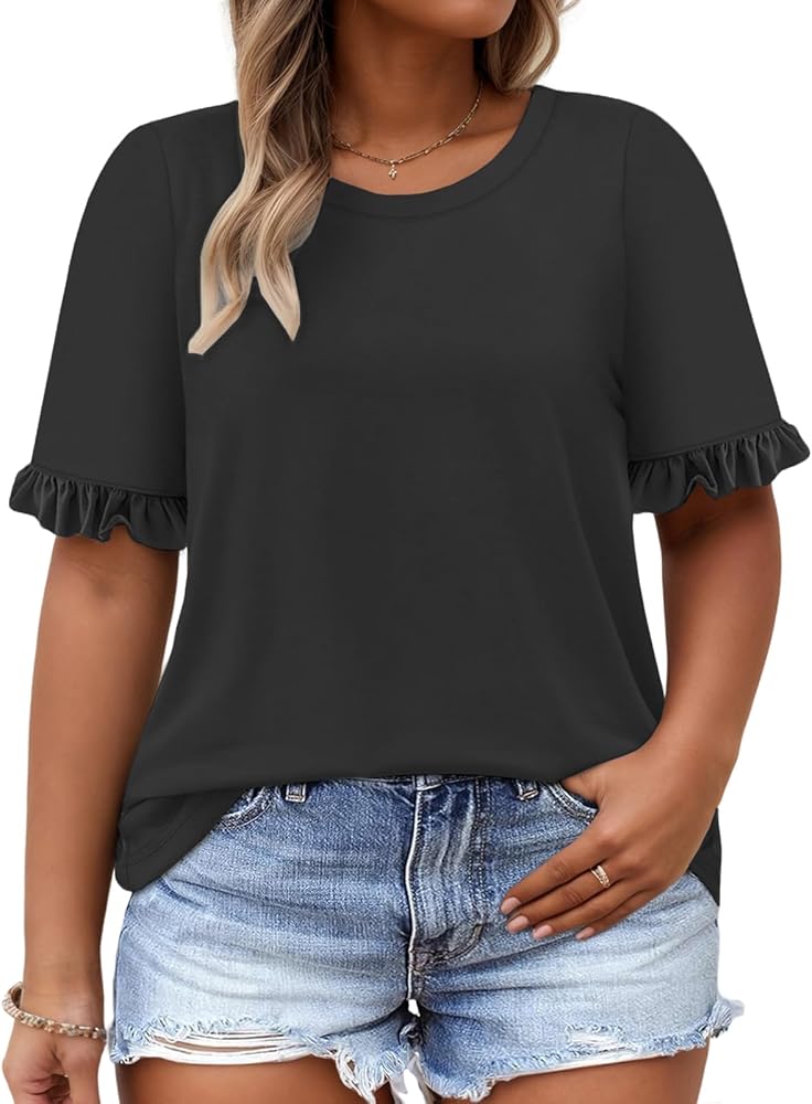 VISLILY Womens-Plus-Size-Summer-Tops Cute Ruffle Short Sleeve T Shirts Casual Crewneck Tunics Loose Blouses Tee XL-5XL