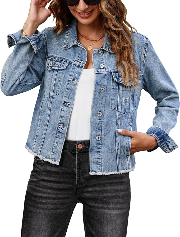 luvamia Denim Jacket for Women Distressed Jean Jackets Button Up Vintage Western Trucker Jacket Frayed Hem Pockets