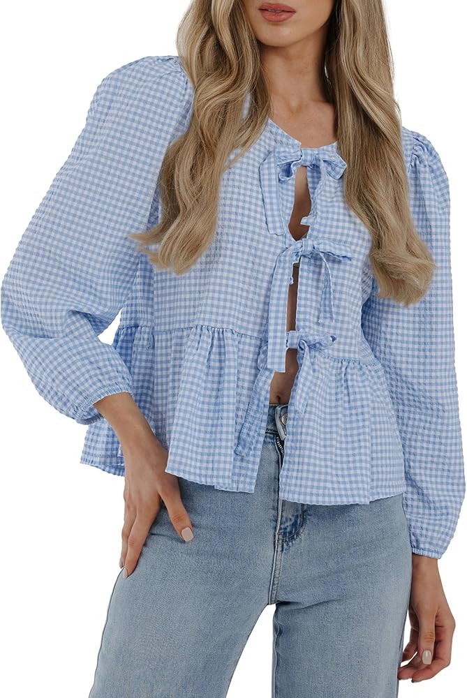 PRETTYGARDEN Women's Babydoll Peplum Blouse Shirt Puff Long Sleeve Bow Tie Front Trendy Cute Y2K Going Out Tops