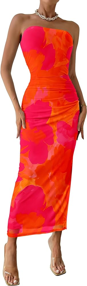 PRETTYGARDEN Women's Summer Maxi Bodycon Dresses Strapless Tube Top Printed Long Party Club Slit Dress