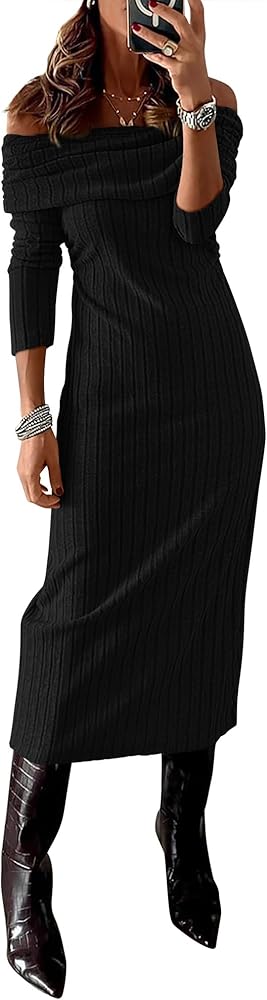 PRETTYGARDEN Women's Fall Dresses 2024 Sexy Off Shoulder Long Sleeve Bodycon Ribbed Knit Club Wedding Pencil Midi Dress