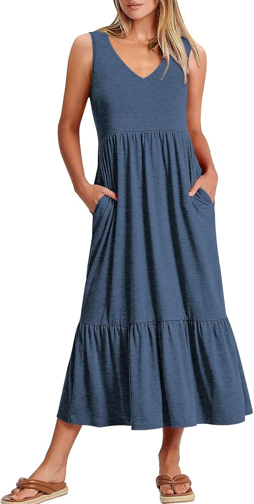 Prinbara Womens Summer Casual Sleeveless Swing Long Sundress Flowy Tiered Loose T Shirt Maxi Beach Dresses