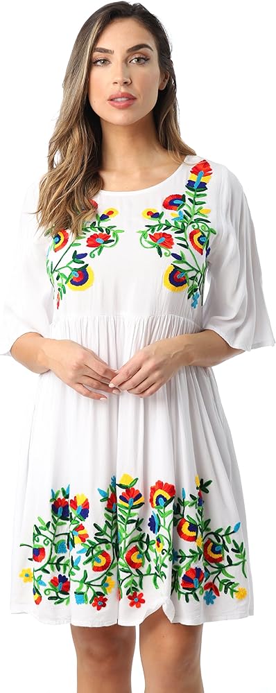 Riviera Sun Rayon Crepe Short Dress with Multicolored Embroidery