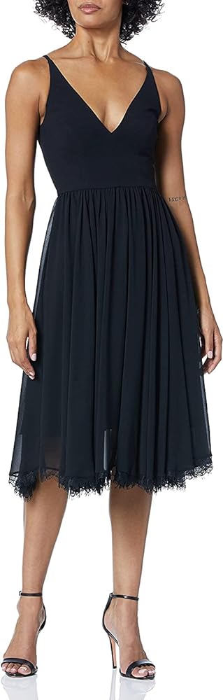 Dress the Population Women's Alicia Plunging Mix Media Sleeveless Fit and Flare Midi Dress