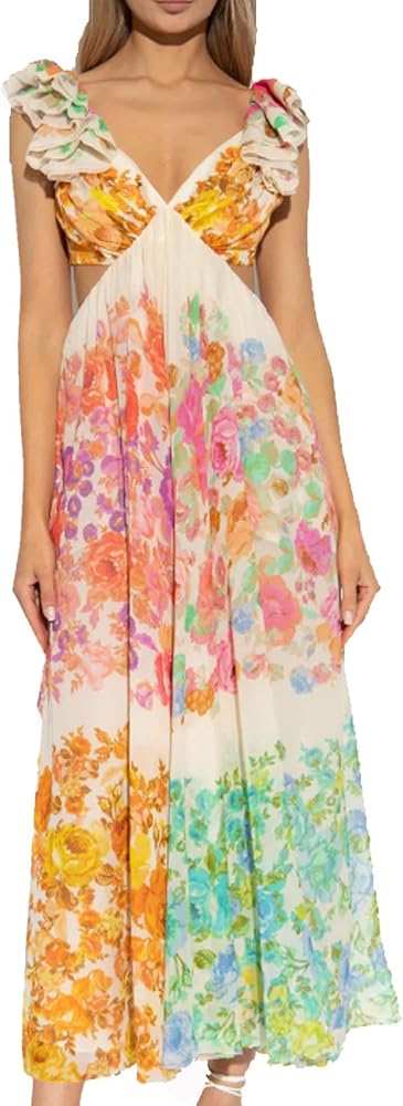 Aurelio Floral Summer Dress,2024 New Aurelio Floral Summer Dress,Women's Boho Flowy V-Neck Floral Midi Dress