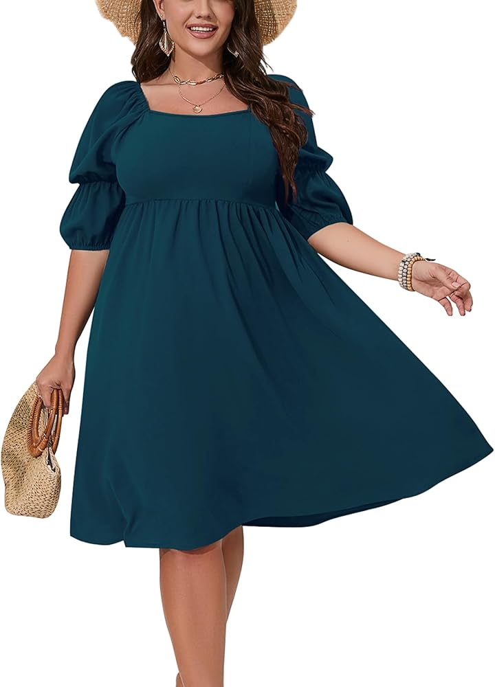 Womens Plus Size Summer Dress Casual Puff Sleeve Square Neck Smocked A-Line Babydoll Flowy Mini Short Dresses