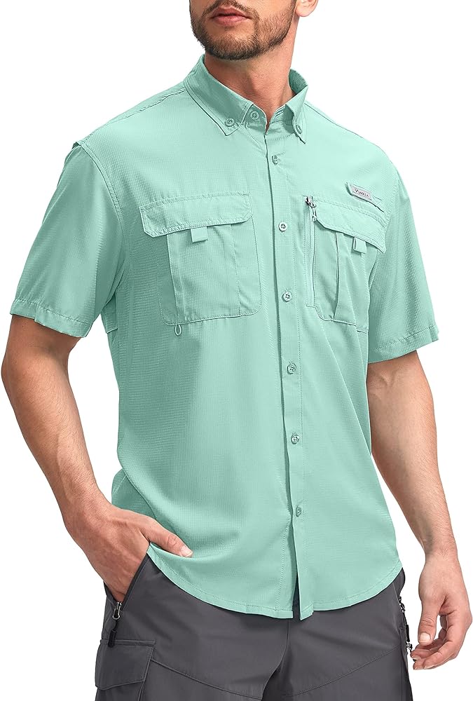 Pudolla Men's Fishing Shirts Short Sleeve Travel Work Shirts Summer Button Down Shirts for Men UPF50+ with Zipper Pockets