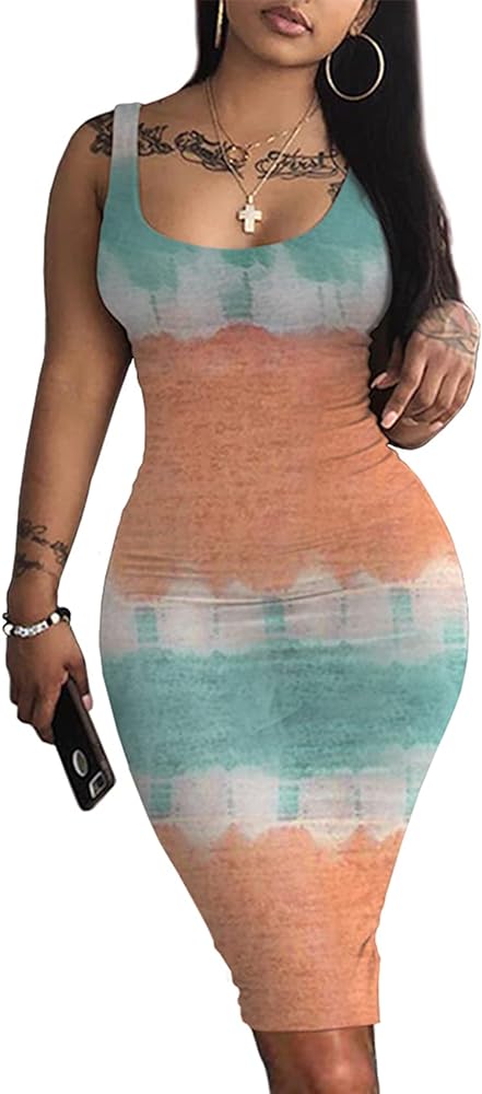 CYSEXY Bodycon Dresses for Women Sexy Tank Tie-dye Sleeveless Club Party Summer Basic Midi Dresses