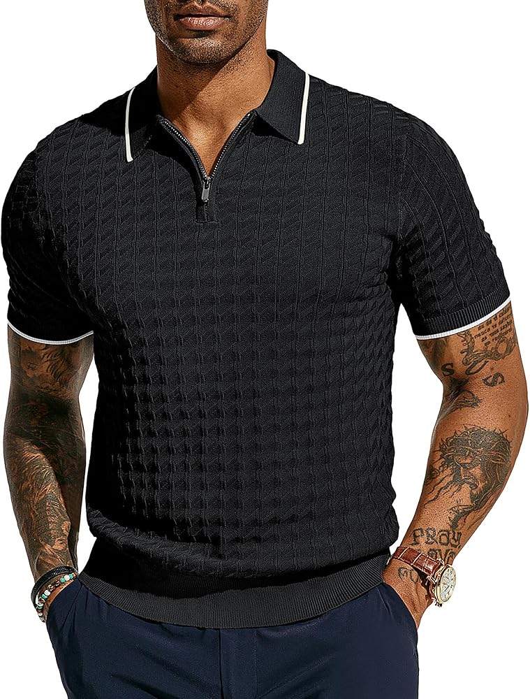 PJ PAUL JONES Men's Knit Polo Shirts Short Sleeve Quarter Zip Polo Shirt