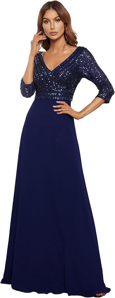 Ever-Pretty Women's Elegant V-Neck Long Sleeve Sequin Maxi Evening Dresses Prom Gowns 00751