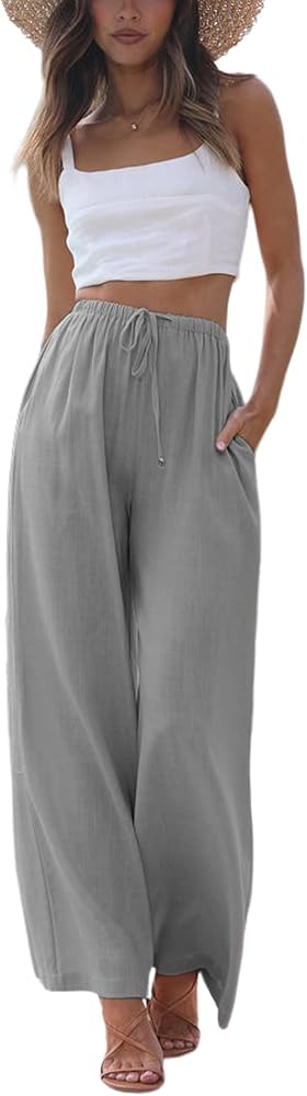 Women's Cotton Linen Summer Palazzo Pants Flowy Wide Leg Beach Trousers with Pockets