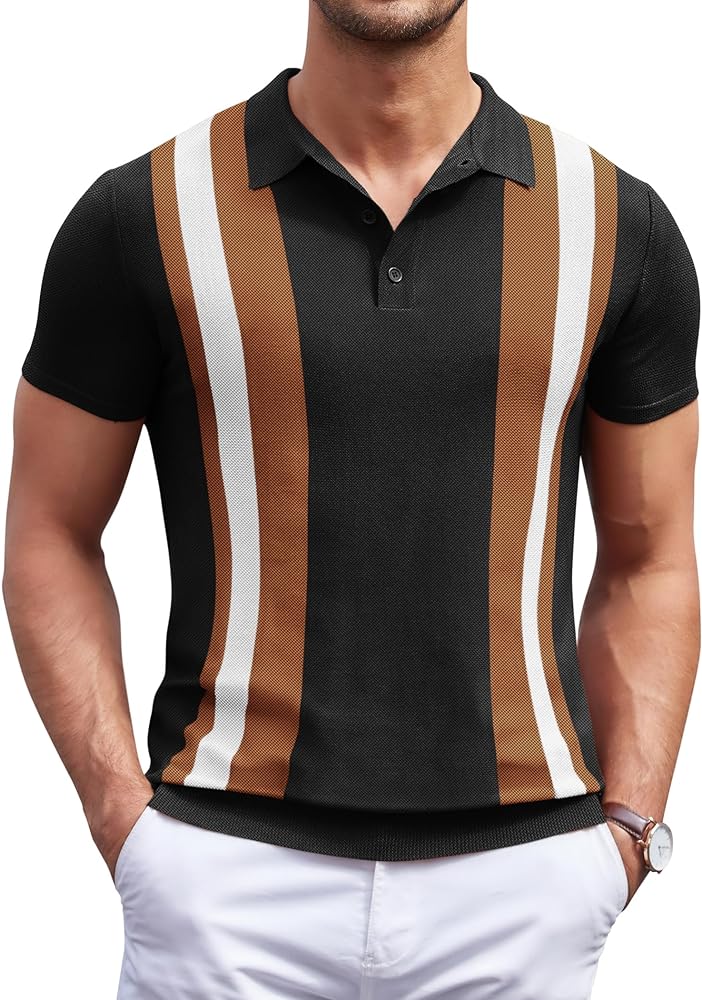 COOFANDY Men's Knit Polo Shirt Short Sleeve Vintage Striped Golf Shirt