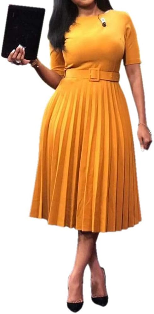 VERWIN Short Sleeve Round Neck Women's Maxi Dress Pleated Plain Belt Dress