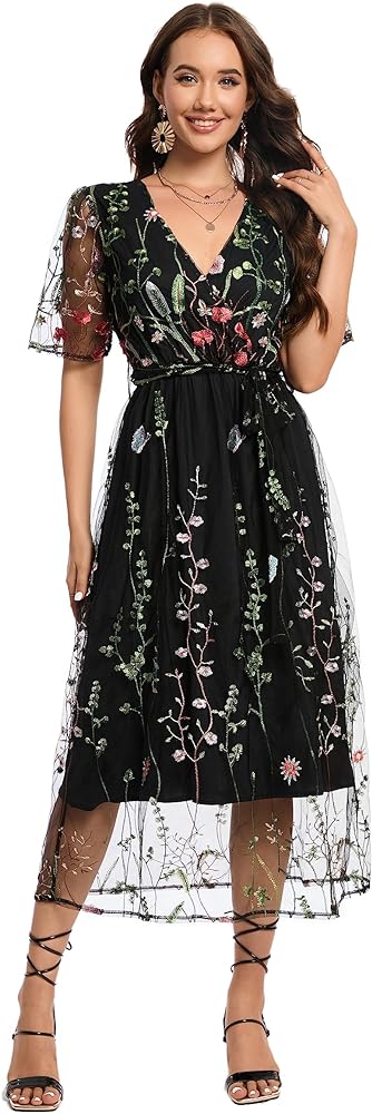 BaronHong Women's Floral Embroidered Tulle Prom Half-Sleeve V Neck Midi Dress with Waist Strap