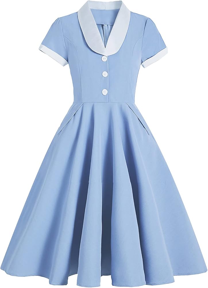 Women 1950s Vintage Shirt Dress 40s 50s Cape Collar A-line Swing Office Work Party Tea Dresses