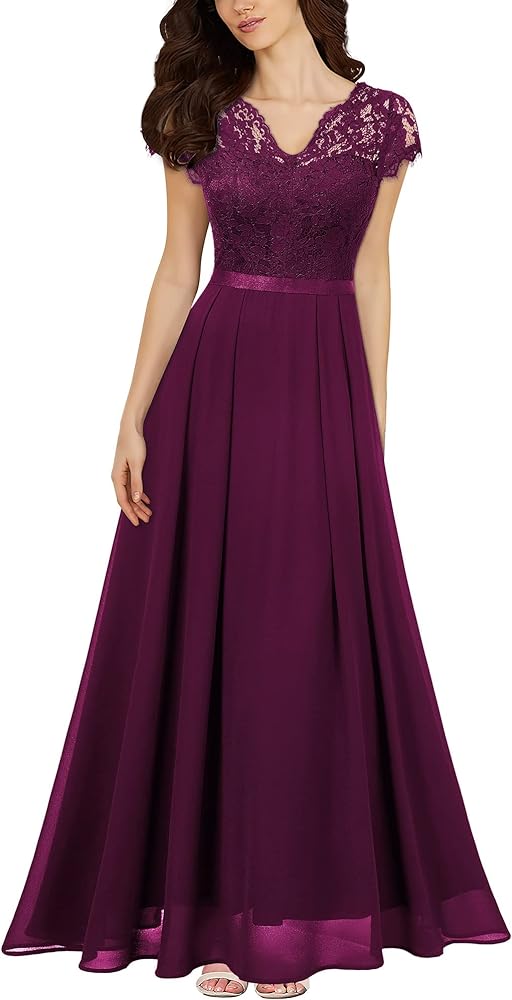 Miusol Women's Formal V Neck Elegant Floral Lace Bridesmaid Maxi Dress