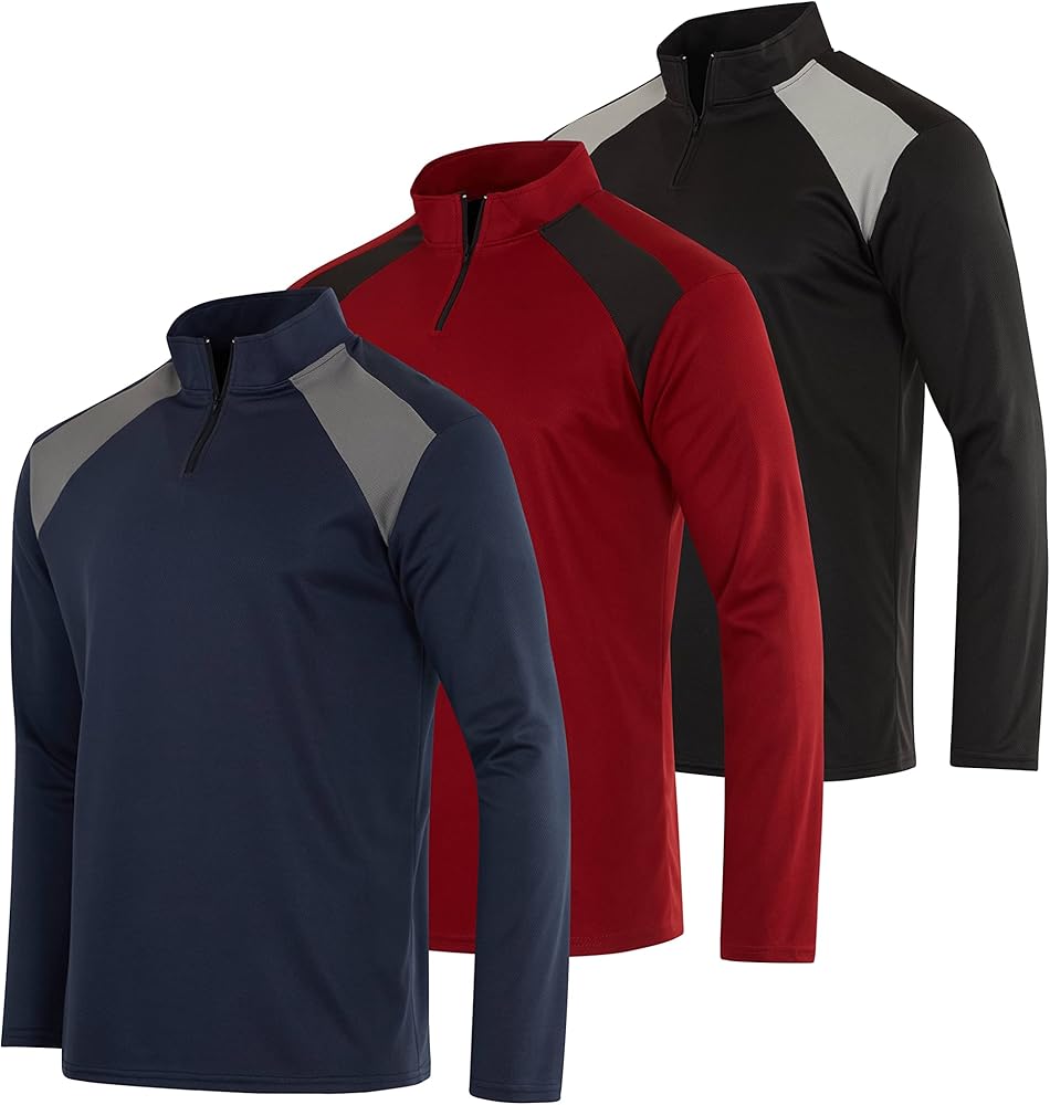 Real Essentials 3 Pack: Men's Mesh Long Sleeve Athletic Quarter Zip Pullover - Outdoor UPF 50+ (Available in Big & Tall)