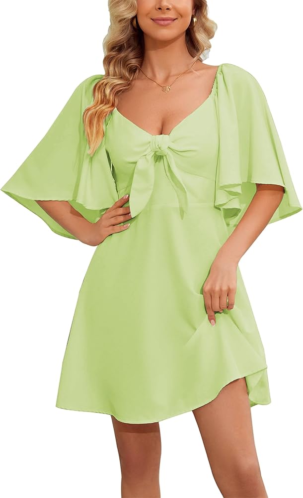 Summer Dresses for Women Casual Bow Tie Deep V Neck Ruffle Sleeves Flowy A-Line Mini Dress 2024