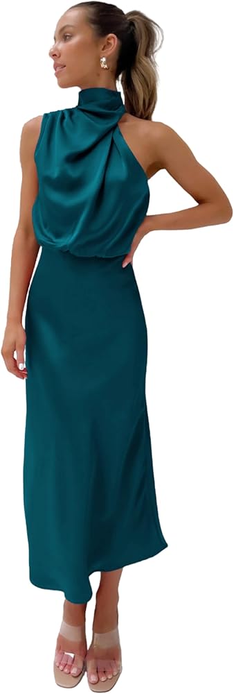 Women's Sleeveless Cocktail Satin Dresses Mock Neck Elastic High Waist Wedding Guest Evening Party Maxi Dress