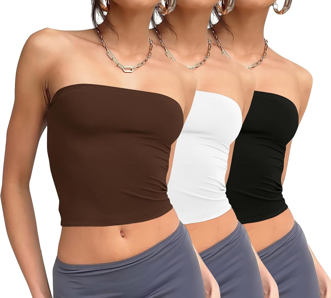 WIHOLL 3 Pack Tube Tops for Women Slim Fit Crop Tops Going Out Strapless Tank Tops Bandeau Summer Outfits 2024 Y2K Clothes