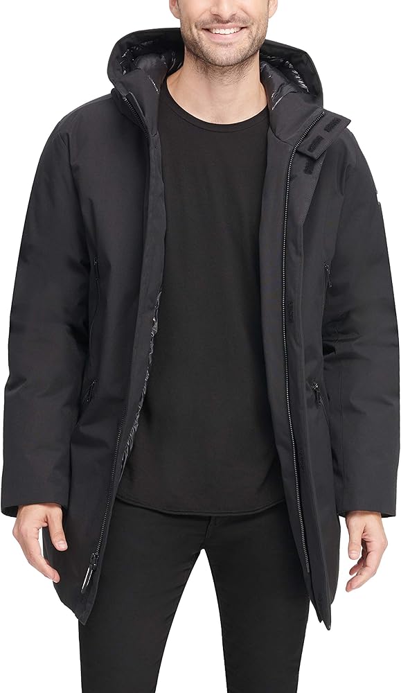 DKNY Men's Water Resistant Hooded Logo Parka Jacket