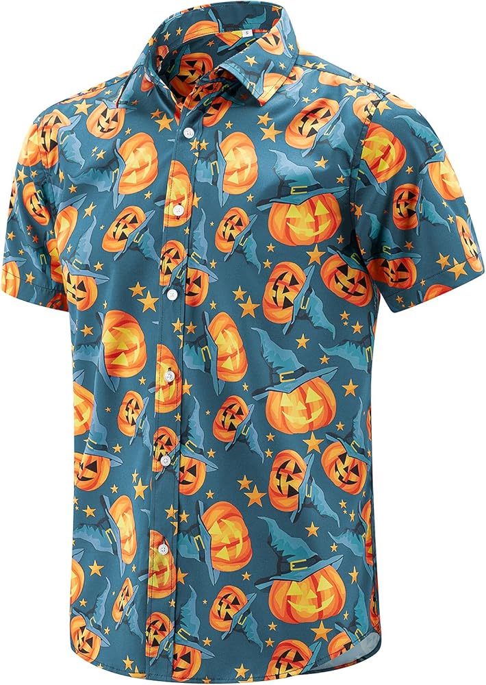 ENVMENST Halloween Button Up Shirt for Men Fun Pumpkins Printed Casual Short Sleeve Hawaiian Aloha Shirts