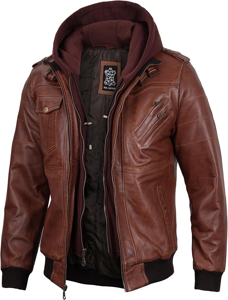 Blingsoul Leather Bomber Jackets For Men - Real Lambskin Mens Leather Jacket With Hood