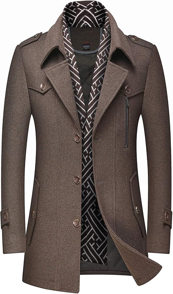 INVACHI Men's Casual Wool Blend Trench Coat with Detachable Scarf or Iner Collar Single Breasted Pea Coat wih Pockets