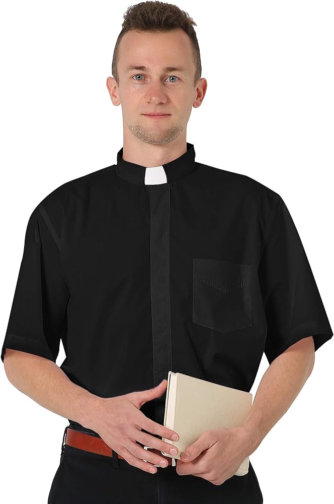 GraduatePro Men Priest Clergy Shirt Short Sleeves with Free Tab Collar Insert for Pastor Preacher Minister Costume