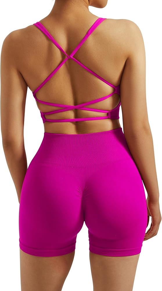 RXRXCOCO Seamless Workout Sets for Women 2 Piece Strappy Sports Bras Scrunch Butt Booty Shorts Matching Yoga Outfits