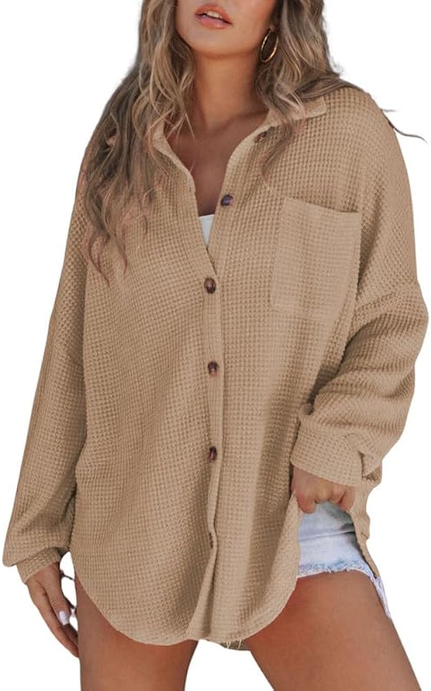 SHEWIN Women's Waffle Knit Button Down Shirts Casual Long Sleeve Shacket Jacket Boyfriend Tops Blouses Loose Fit