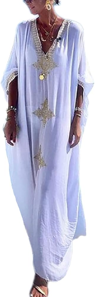 Bsubseach Gold Embroidery Long Kaftan Dresses V Neck Caftan Dress Beach Cover Ups for Women Embroidery