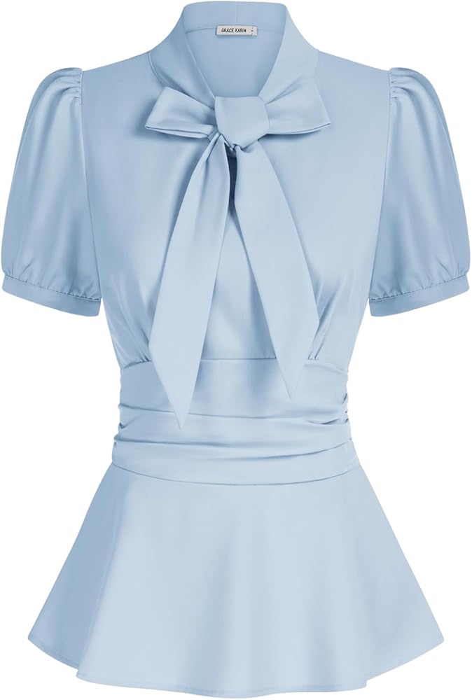 GRACE KARIN Women's Office Bow Tie Blouse Puff Sleeve Peplum Dressy Shirt Smocked Waist