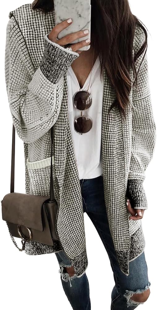 Sidefeel Women's Cardigan Sweaters Hooded Oversized Open Front Chunky Knit Plaid Sweater Coat Fall Fashion Tops