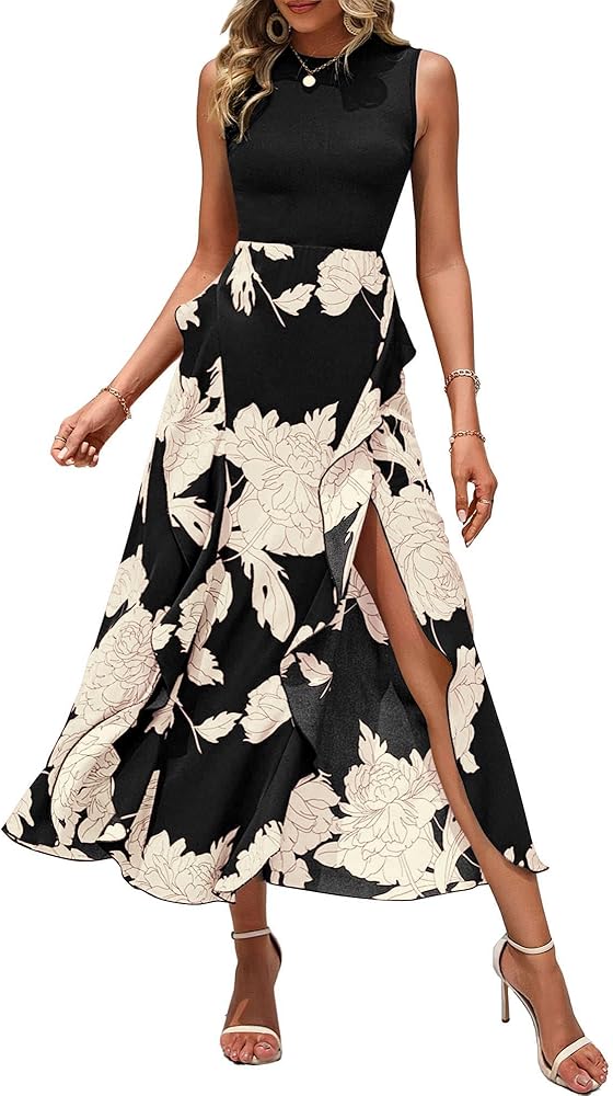 BTFBM Women Casual Sleeveless Summer Dresses 2024 Spring Crewneck Patchwork Boho Floral Ruffle Cocktail Party Midi Dress