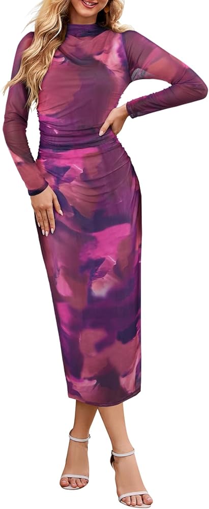 MEROKEETY Women's 2024 Long Sleeve Tie Dye Dress Bodycon Mock Neck Mesh Ruched Cocktail Maxi Dresses