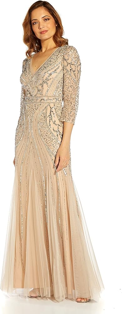 Adrianna Papell Women's Beaded Mesh Godet Gown