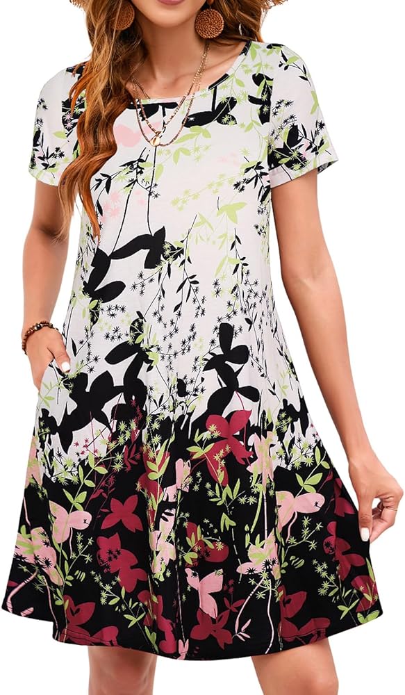 Sherosa Summer Dresses for Women 2024 Beach Floral Sundress Short Sleeve Pockets Casual Tshirt Dress