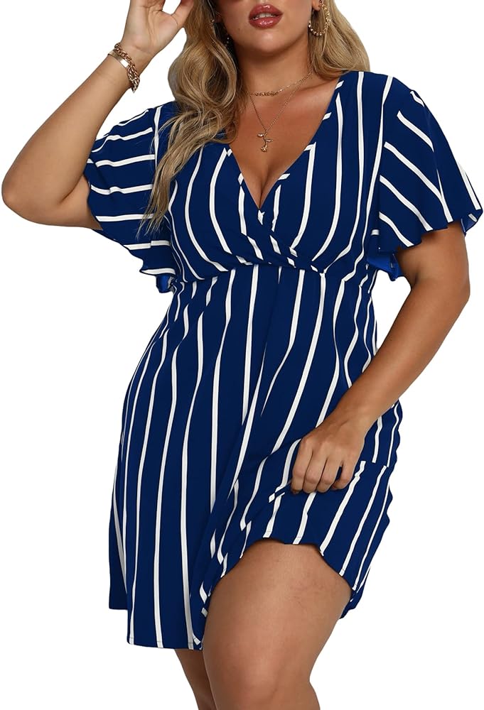 Floerns Women's Plus Size Striped Print Wrap V Neck Short Sleeve A Line Dress