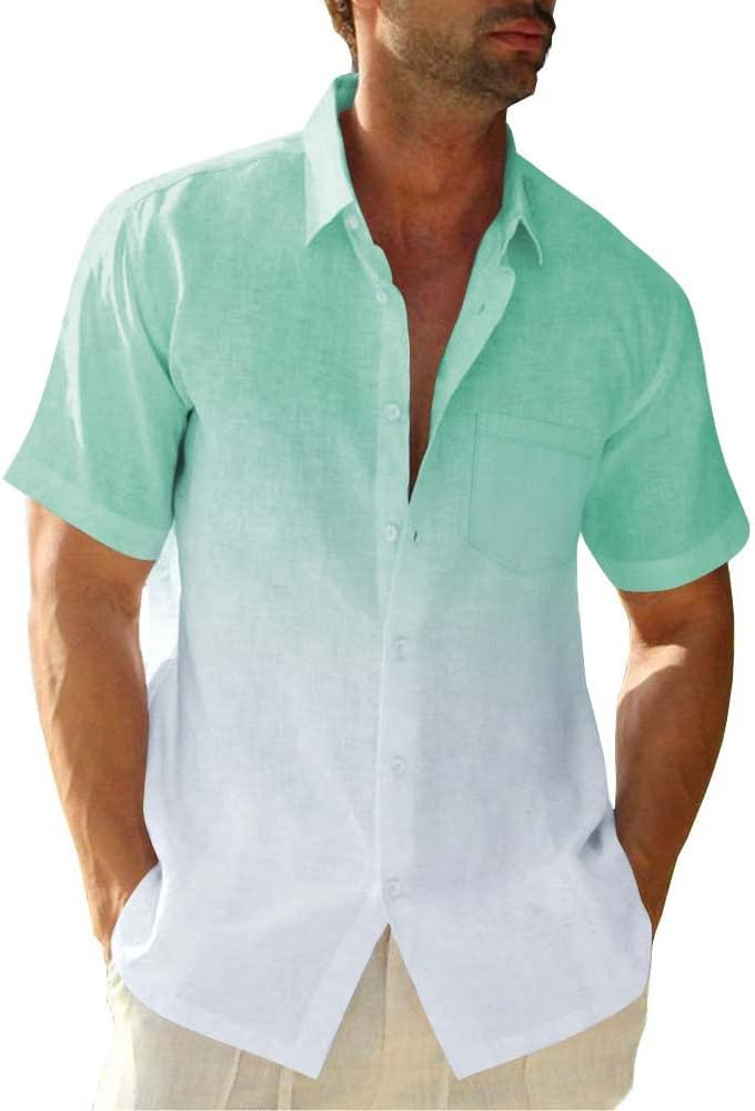 Mens Gradient Linen Shirts Casual Button Down Short Sleeve Beach Summer Shirts