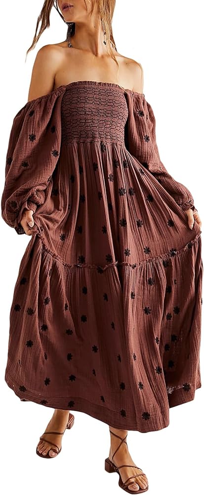 Argeousgor Women 2024 Bohemian Floral Dress Square Neck Ruffle Swing A Line Maxi Dress Long Sleeve Beach Long Dress