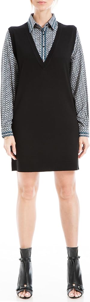 Max Studio Women's Twofer Sleeveless V Neck Knit Sweater Dress with Button Down Blouse