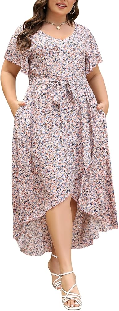 Nemidor Womens Plus Size V Neck Boho Floral Print Ruffle Wrap Maxi Dress with Pocket NEM528