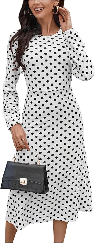 MakeMeChic Women's Casual Polka Dots Bishop Long Sleeve High Waist A Line Midi Dress