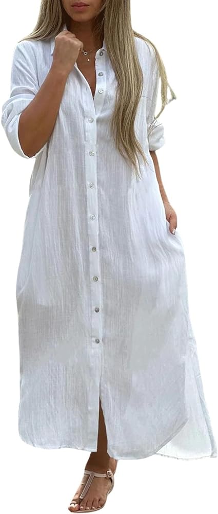 utcoco Summer Dresses for Women 2024 Casual Loose Split Long Sleeve Button Down Maxi Shirt Dress